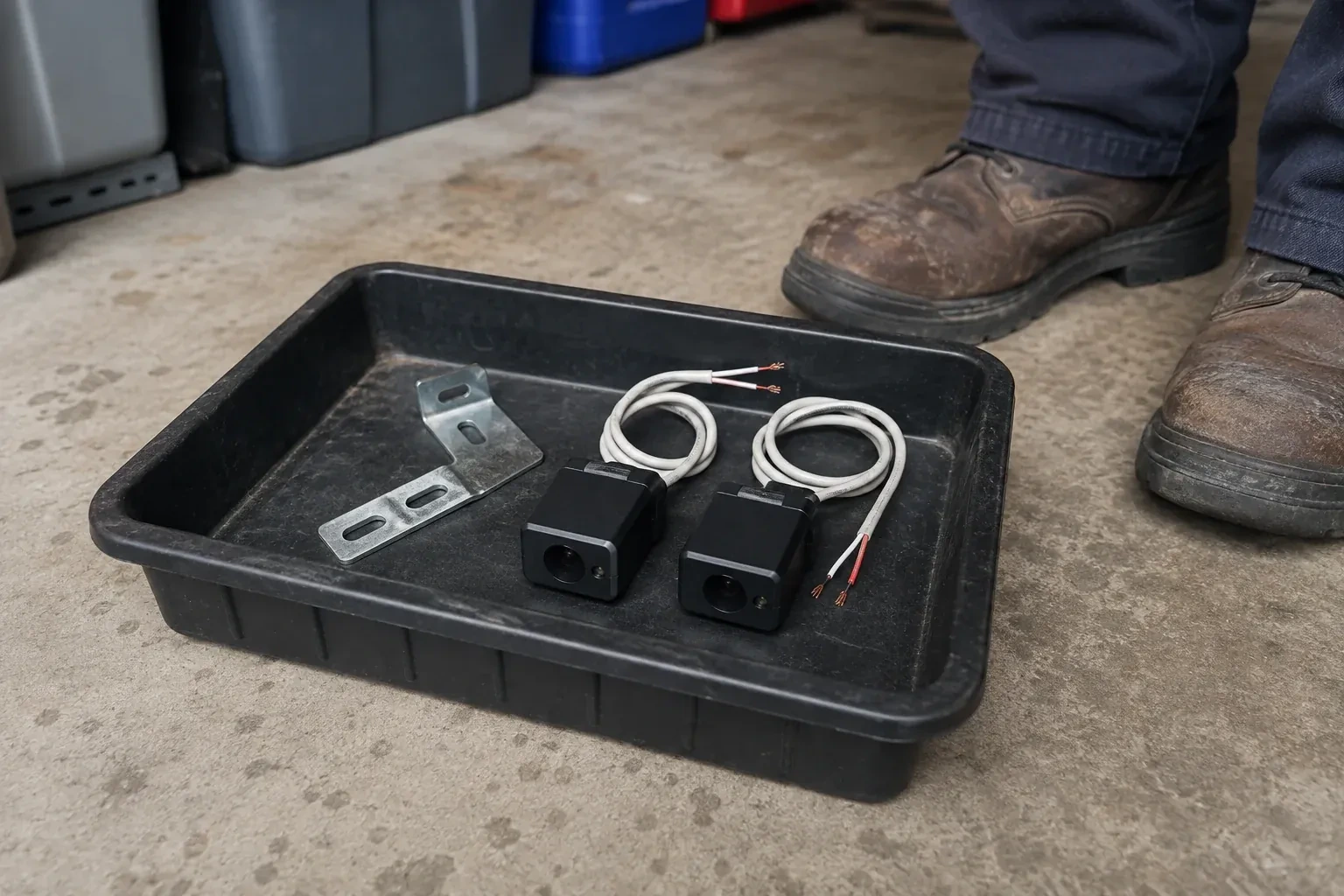 Two detached black sensors with recessed lenses and coiled wires lie in a tray beside a mounting bracket. — Photo-Eye Sensor Alignment or Replacement, Whitby