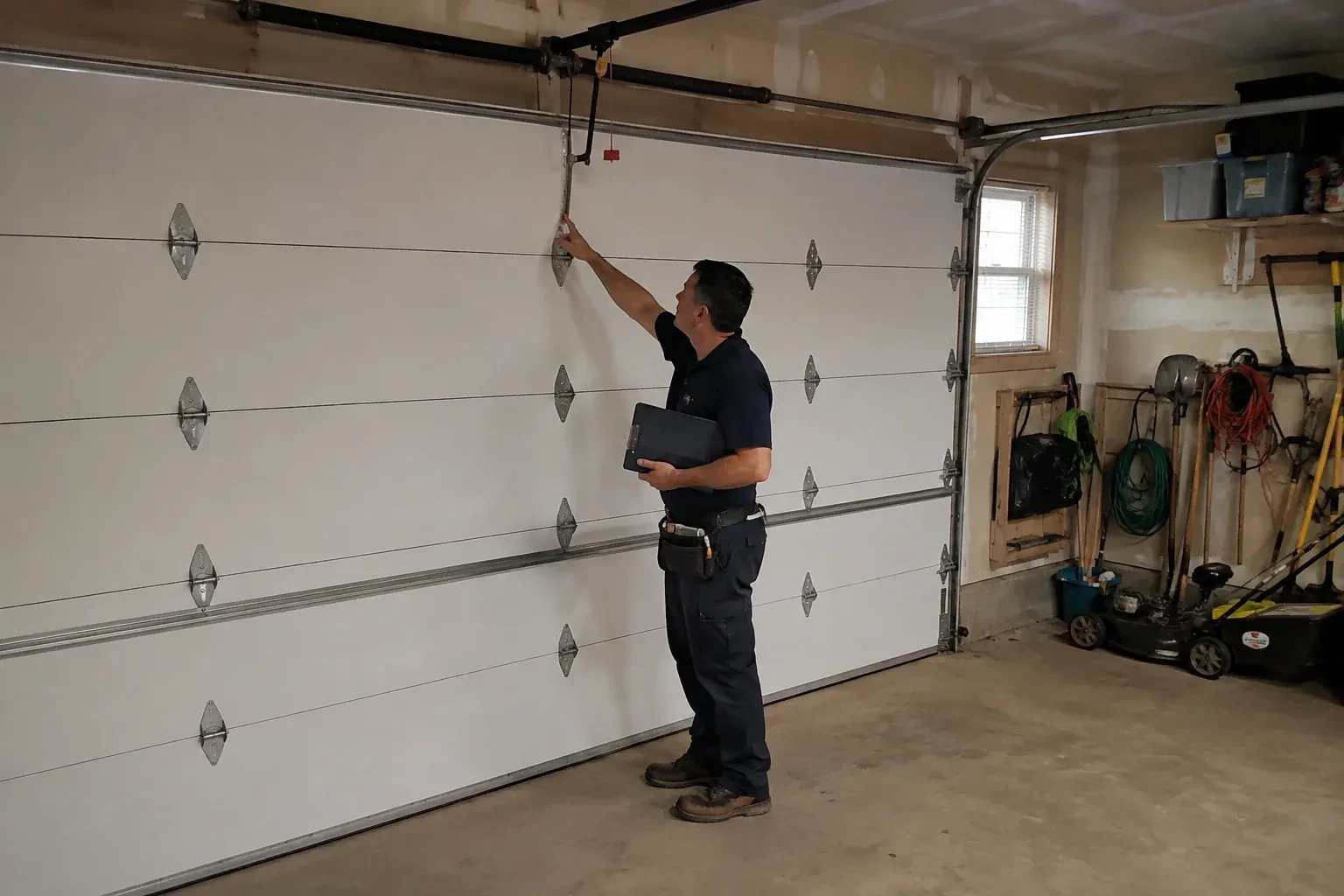 A person holding a clipboard examines the interior hardware of a closed garage door. — Garage Door Tune-Up, Whitby