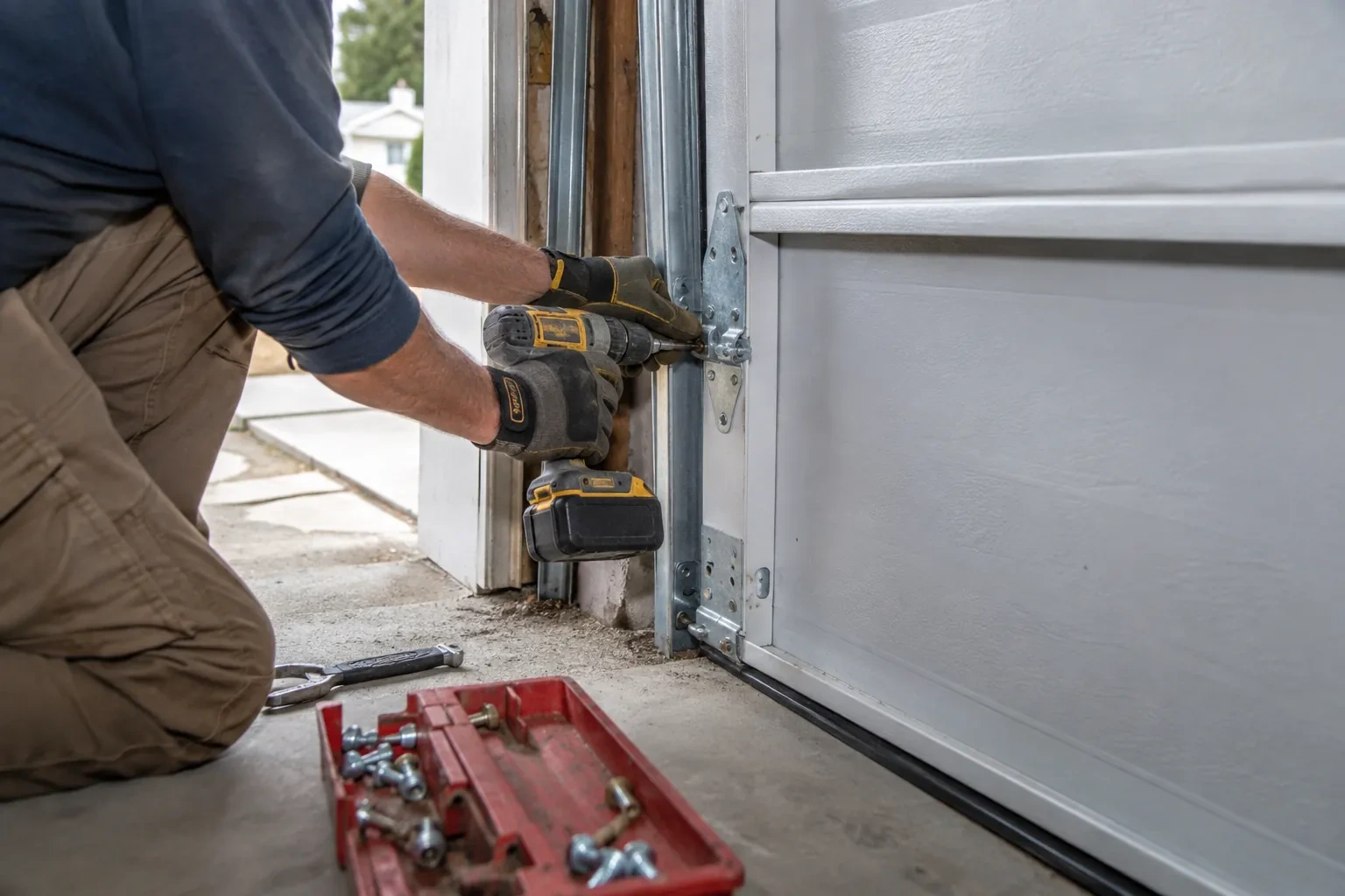 Person kneeling with a yellow cordless drill at a hinge on a white door, beside a red tray of bolts.