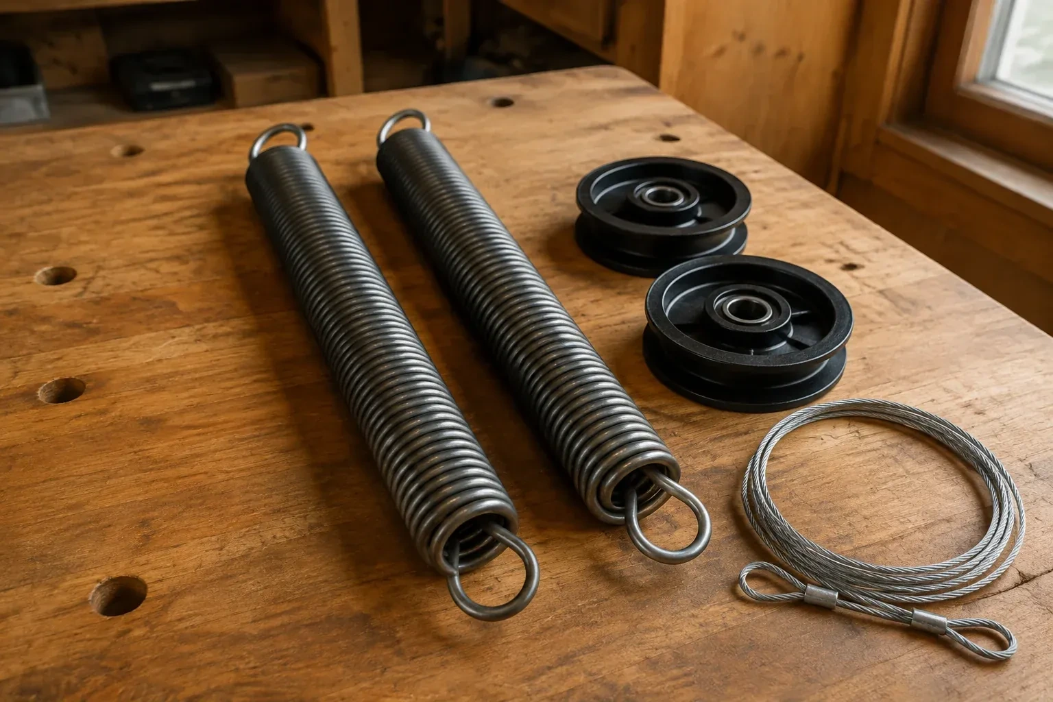 Two coiled extension springs with looped ends, two black pulleys and a loop of steel cable on a worn wooden workbench. — Extension Spring Replacement, Whitby