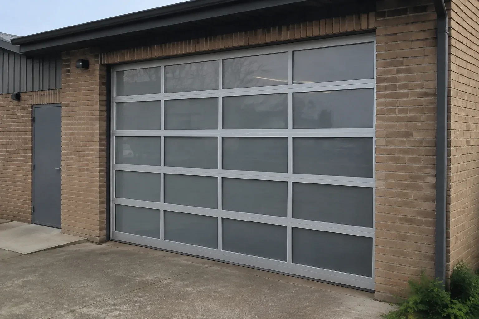 Closed glazed sectional door in a grey metal frame at a brick workshop. — Full-View Glass Garage Door Installation, Whitby