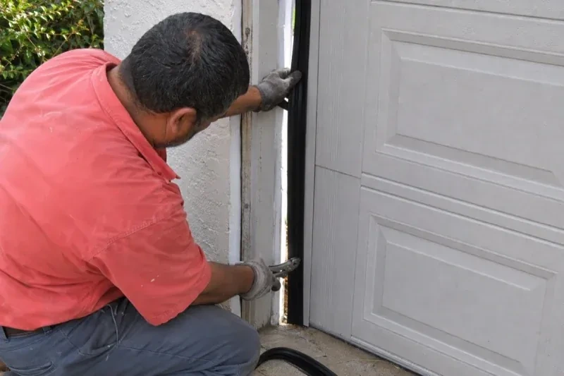 Gloved person holding a black strip along the side of a sectional garage-door opening — Garage Door Perimeter Weatherstrip, Whitby