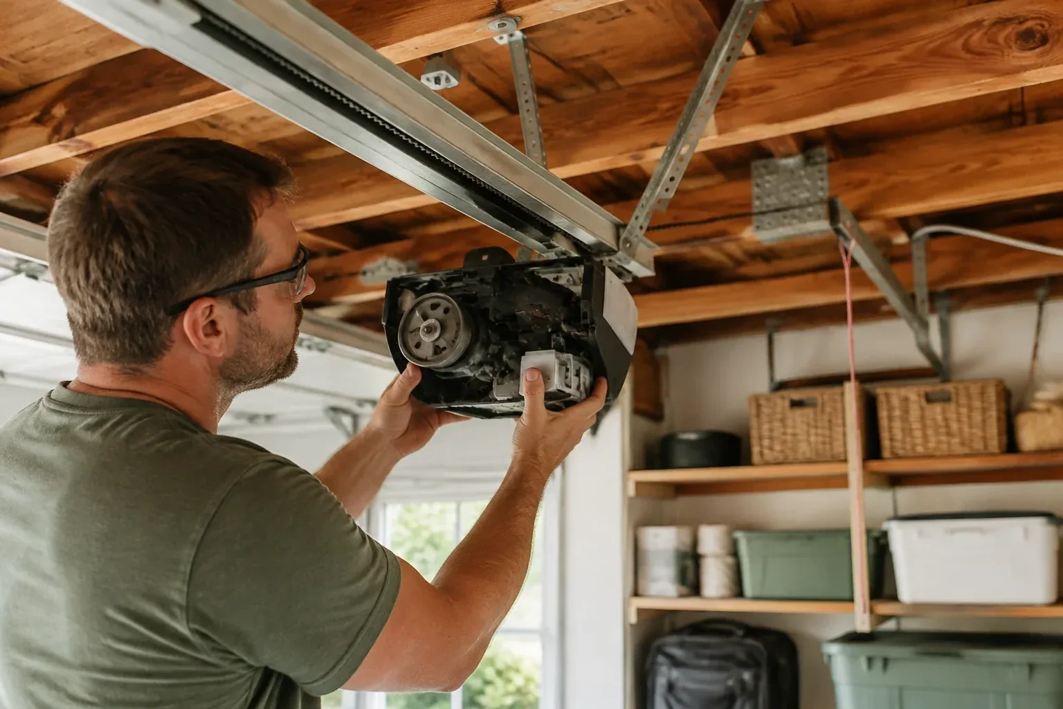 Person in a green shirt and glasses holding an opened opener housing that shows a gear, under wooden ceiling joists. — Belt-Drive Opener Repair, Whitby