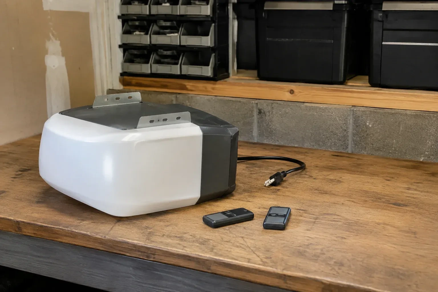 Detached opener housing and two remotes on a garage bench. — Garage Door Opener Replacement, Whitby