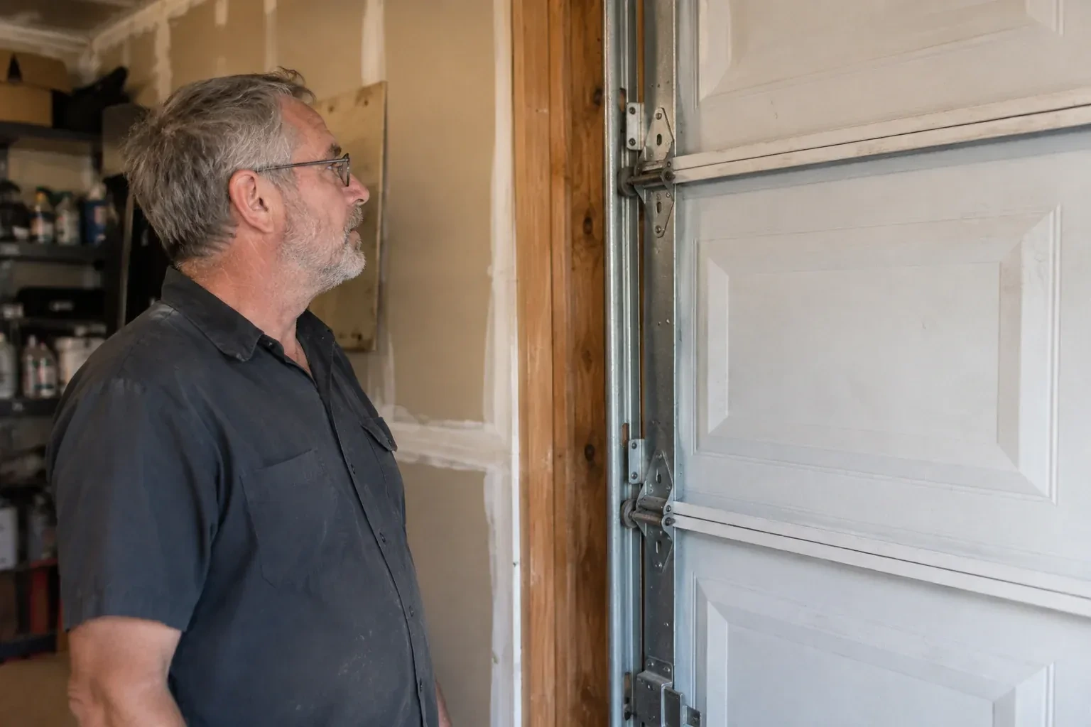 Technician looking at vertical garage door track and edge hinges. — Garage Door Track Repair or Replacement, Whitby