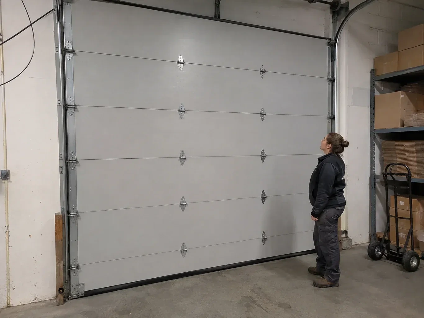 A person looks at a tall closed sectional door with broad panels, hinges and side tracks in a warehouse. — Commercial Sectional Door Repair, Whitby