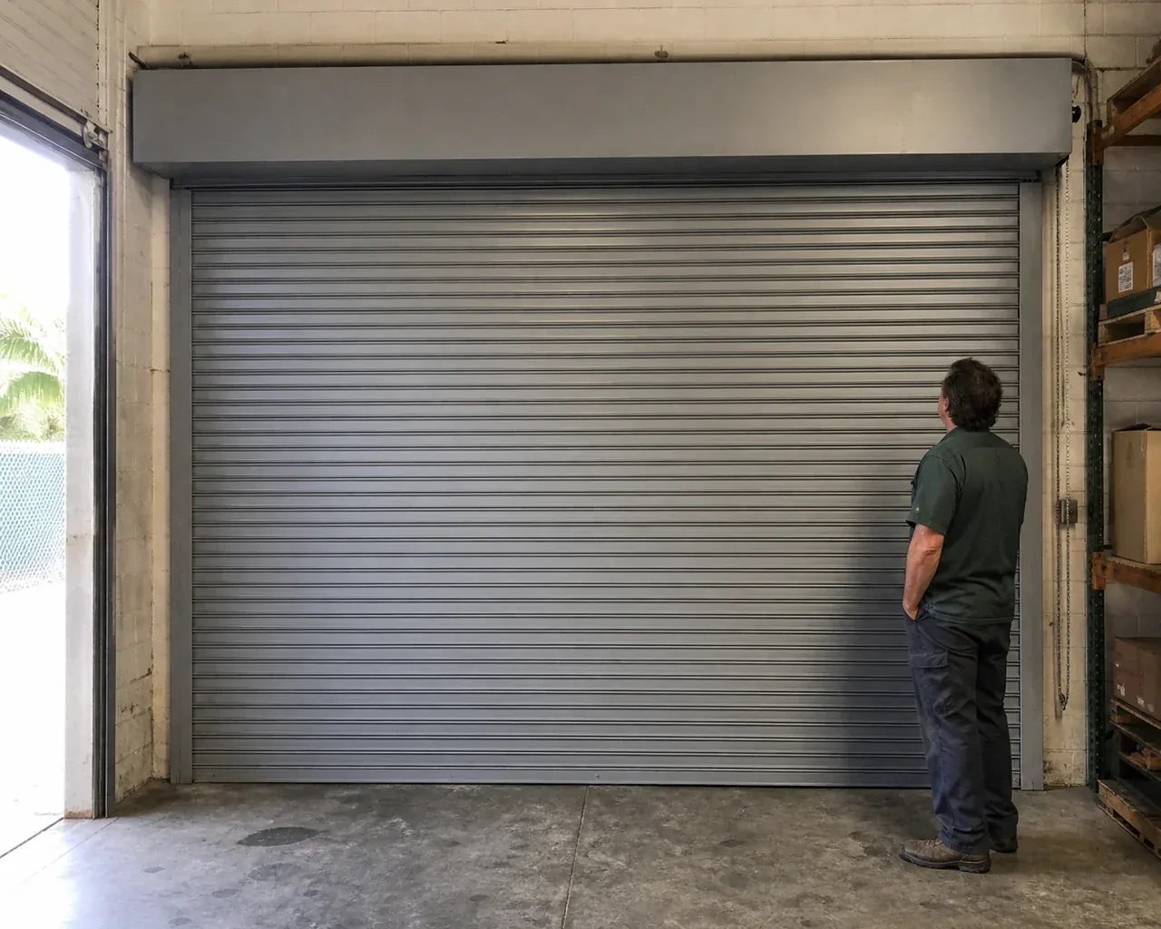 A person examines a closed metal rolling door with narrow horizontal slats, side guides and an overhead hood in a warehouse. — Commercial Rolling Door Repair, Whitby