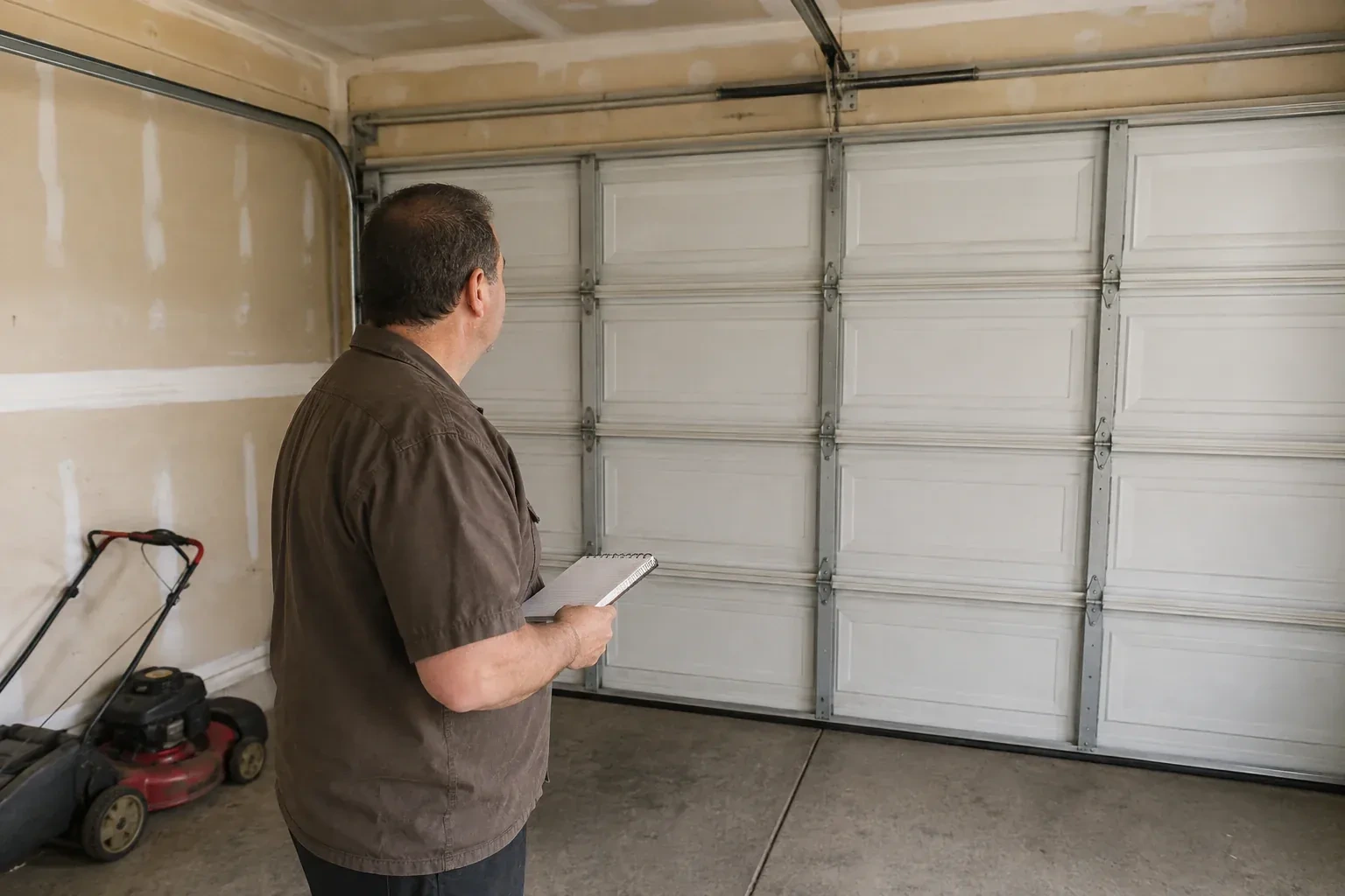 Technician holding a notebook while looking at a closed sectional door. — Garage Door Balance Adjustment, Whitby