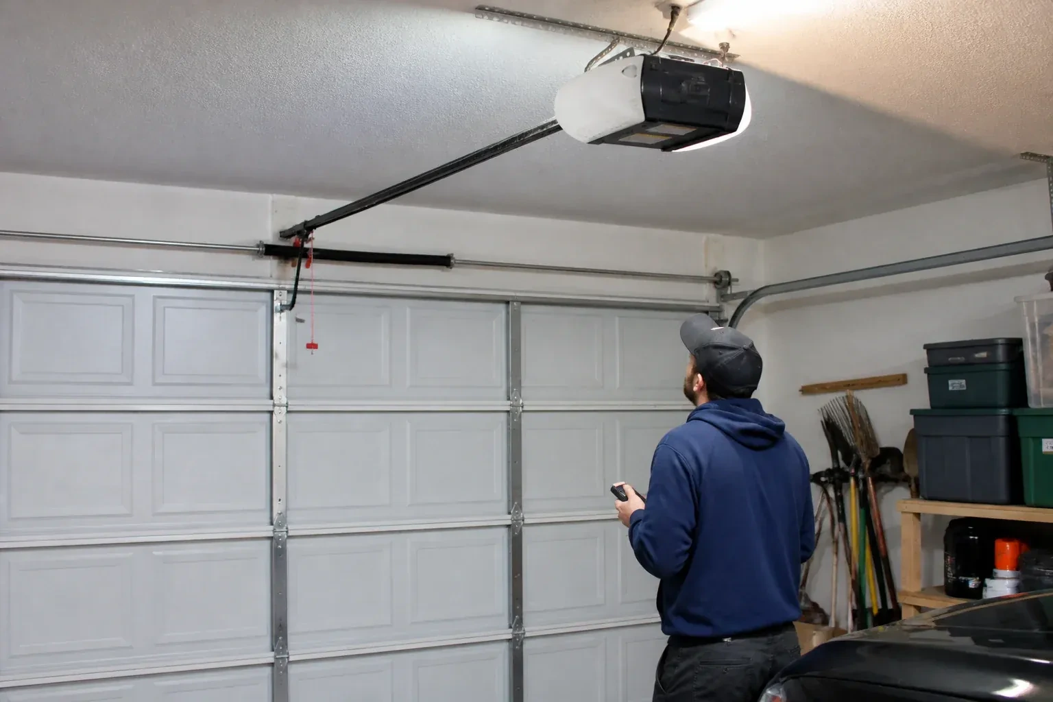 A person holding a remote looks toward an overhead garage-door opener and rail. — Garage Door Opener Diagnosis and Repair, Whitby