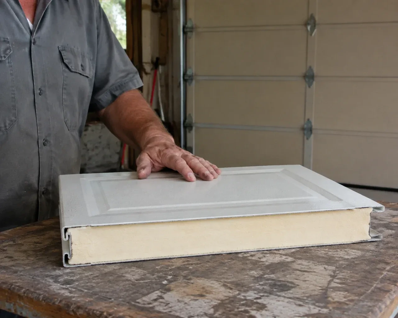 A panel sample exposes a cream foam core between thin metal faces on a garage workbench. — Insulated Steel Garage Door Installation, Whitby
