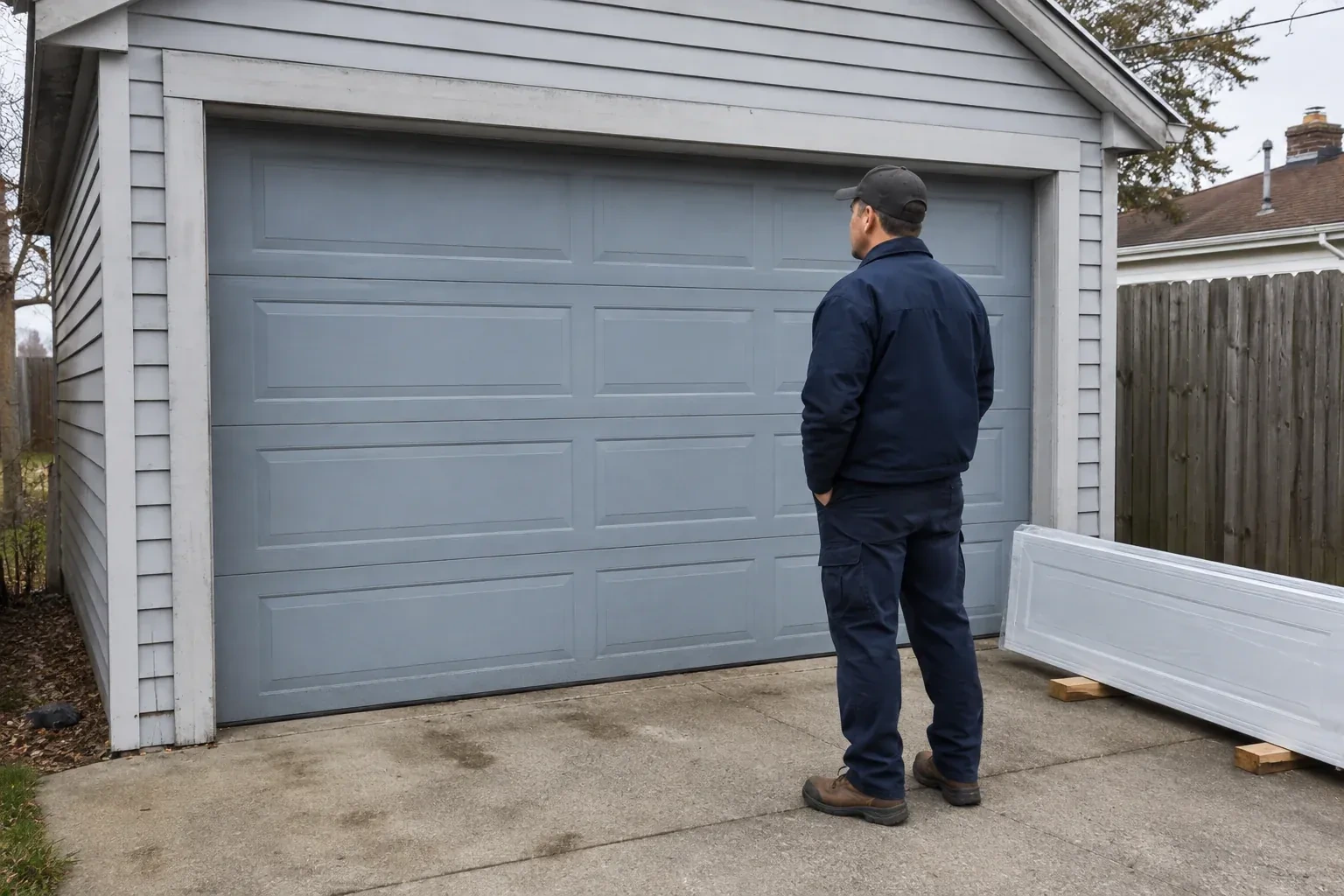 A person examines a blue-grey sectional garage door with a packaged door panel resting beside the driveway. — Sectional Garage Door Replacement, Whitby