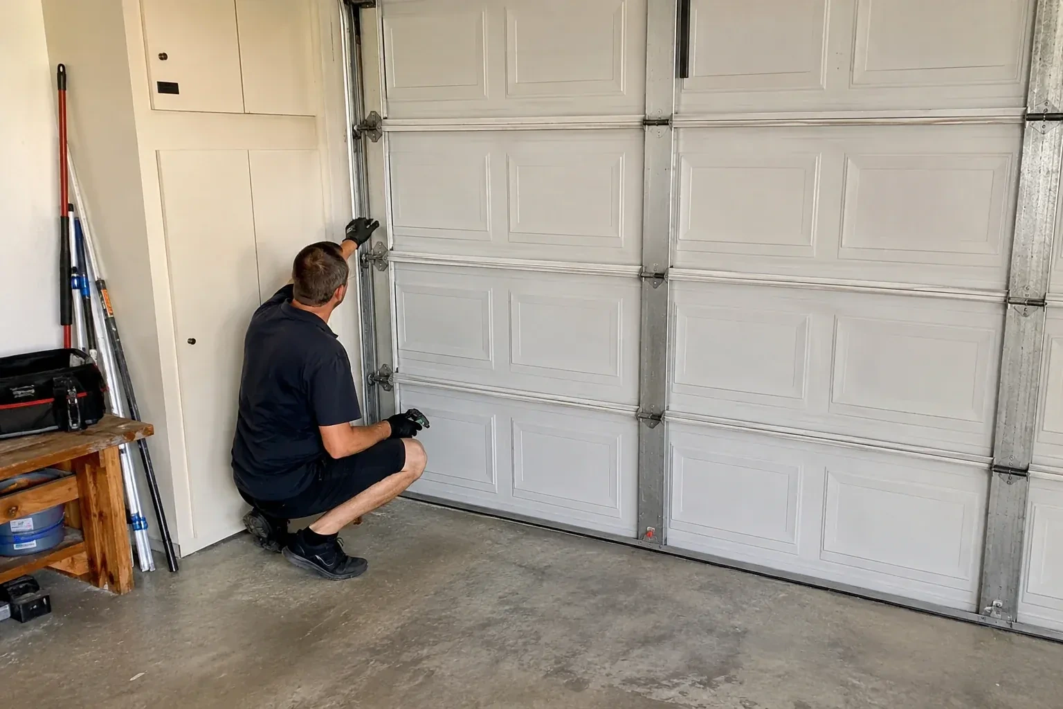 A person kneels beside the side track and hinges of a closed sectional garage door. — Garage Door Safety Inspection, Whitby