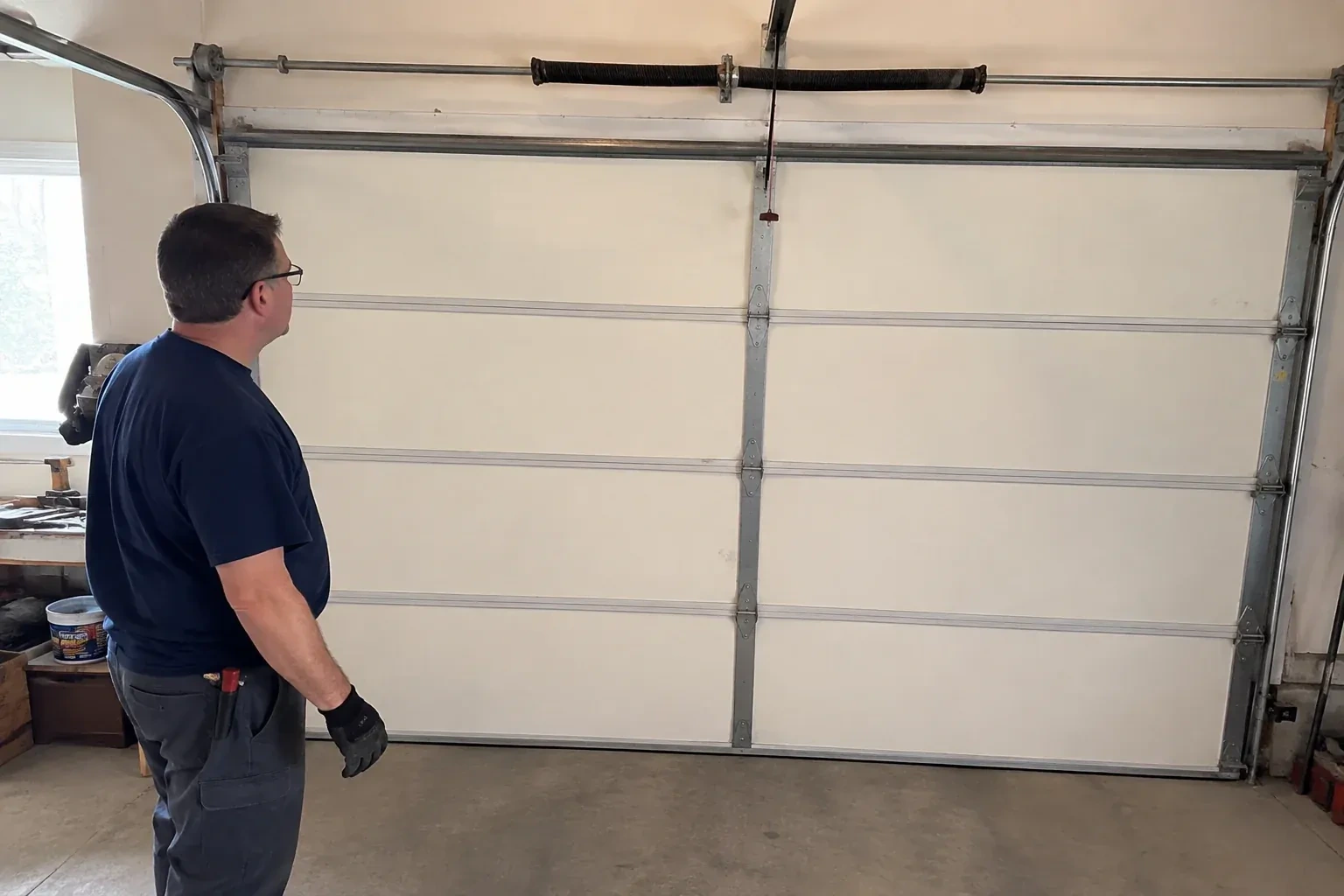 Person in a dark shirt standing before a closed cream sectional door, looking up at a coiled spring and red-tipped cord. — Off-Track Garage Door Reset, Whitby