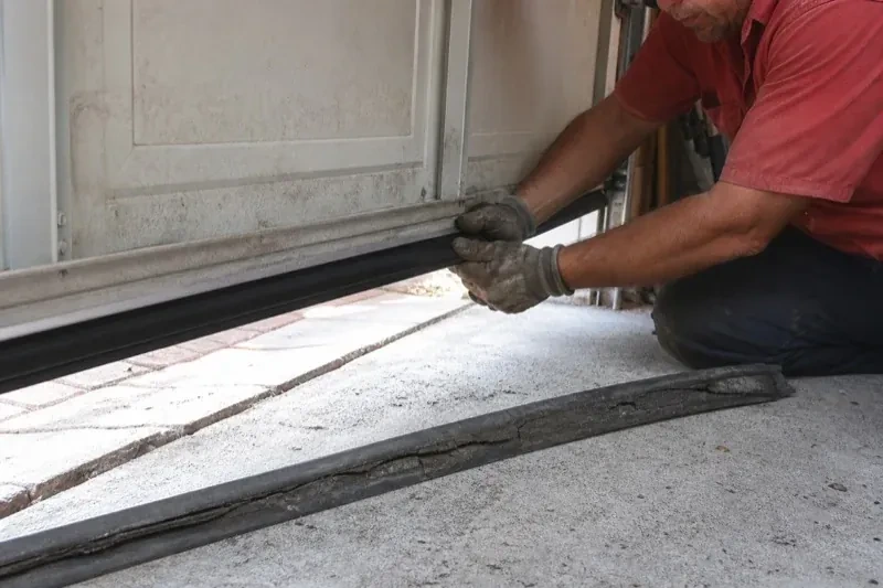 Person fitting a black strip along the bottom edge of a partly raised garage door, with a cracked strip lying on the floor. — Garage Door Bottom Seal Replacement, Whitby