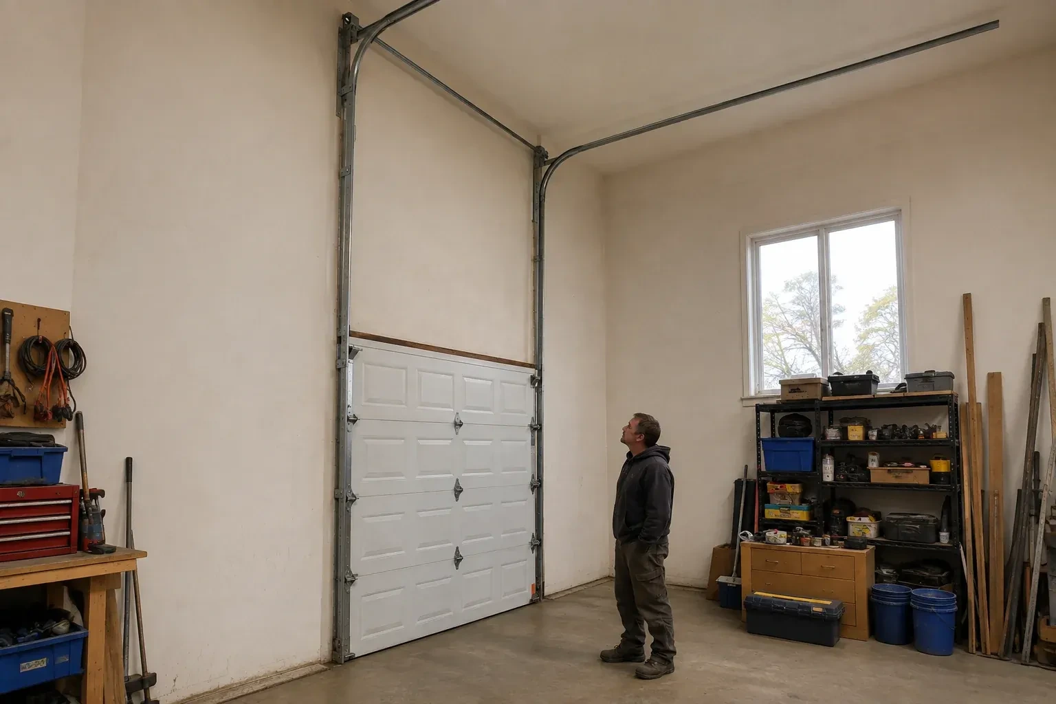 Vertical tracks extend above a closed garage door before curving near a high ceiling, while a person looks upward. — High-Lift Garage Door Conversion, Whitby