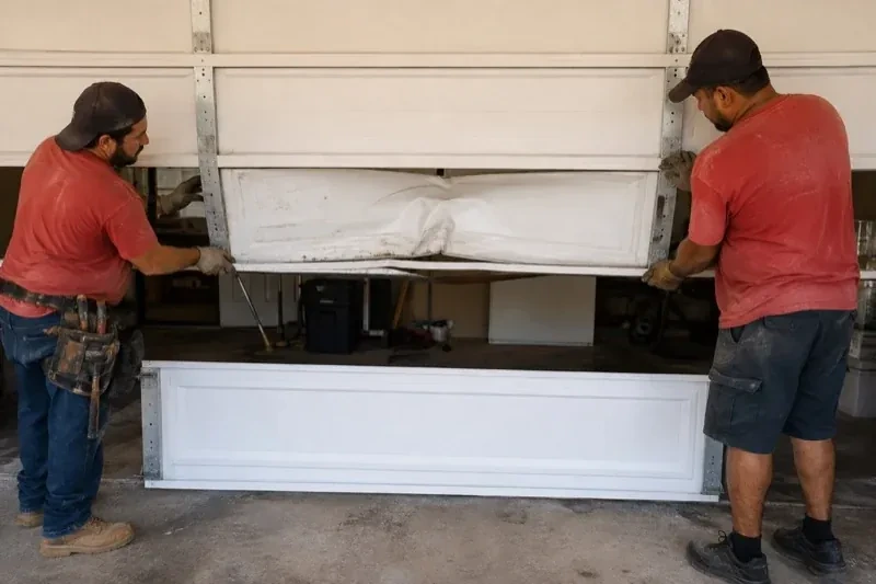 Two people holding a dented lower garage-door section above a separate white panel resting on the ground. — Garage Door Panel Replacement, Whitby