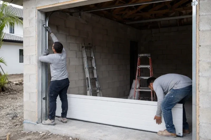 Two people positioning a white garage-door panel and side track in an unfinished masonry garage. — New-Construction Garage Door Installation, Whitby